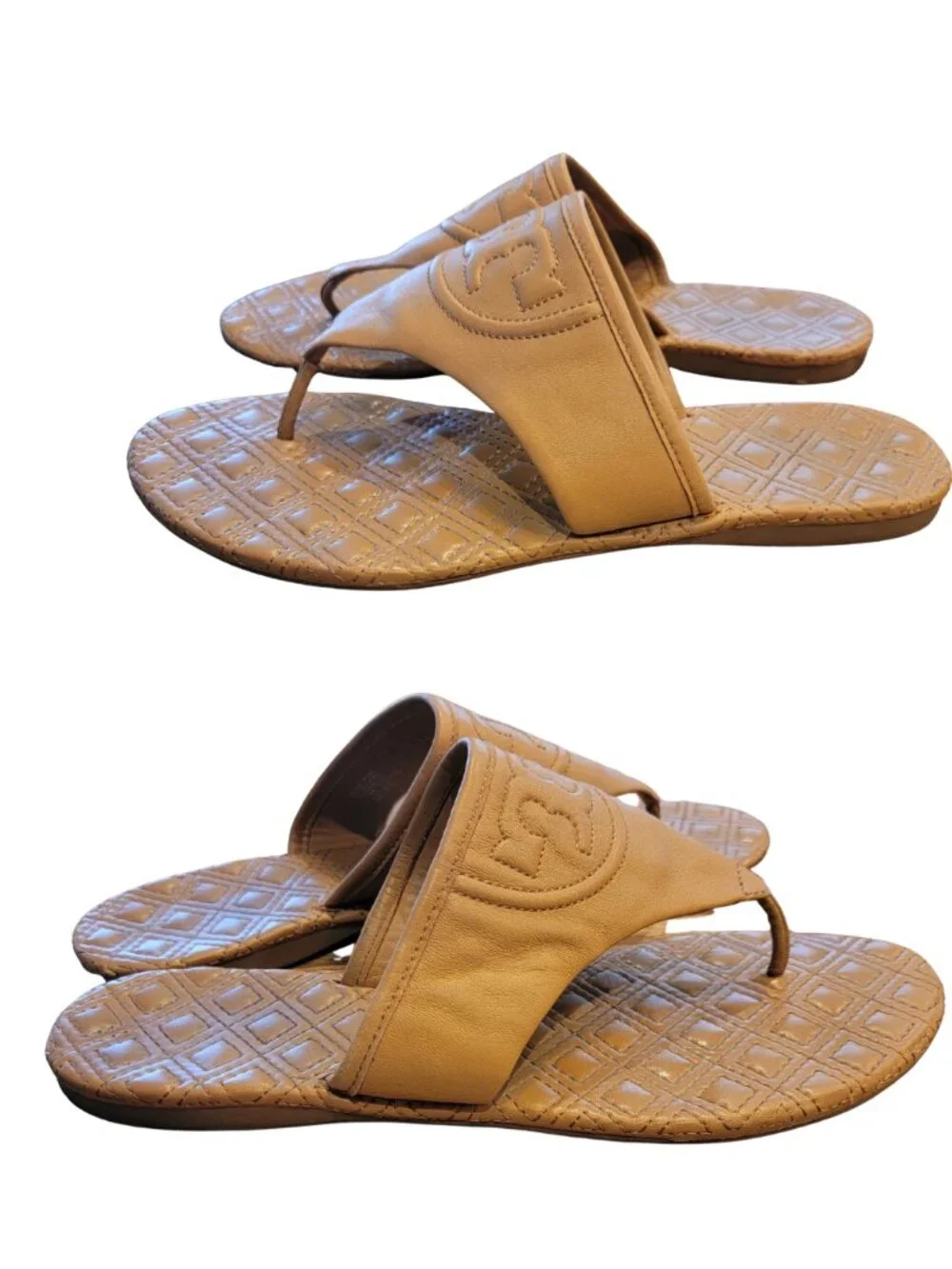 Tory Burch Fleming Thong/Post Toe Leather Sandals with Quilted Sole